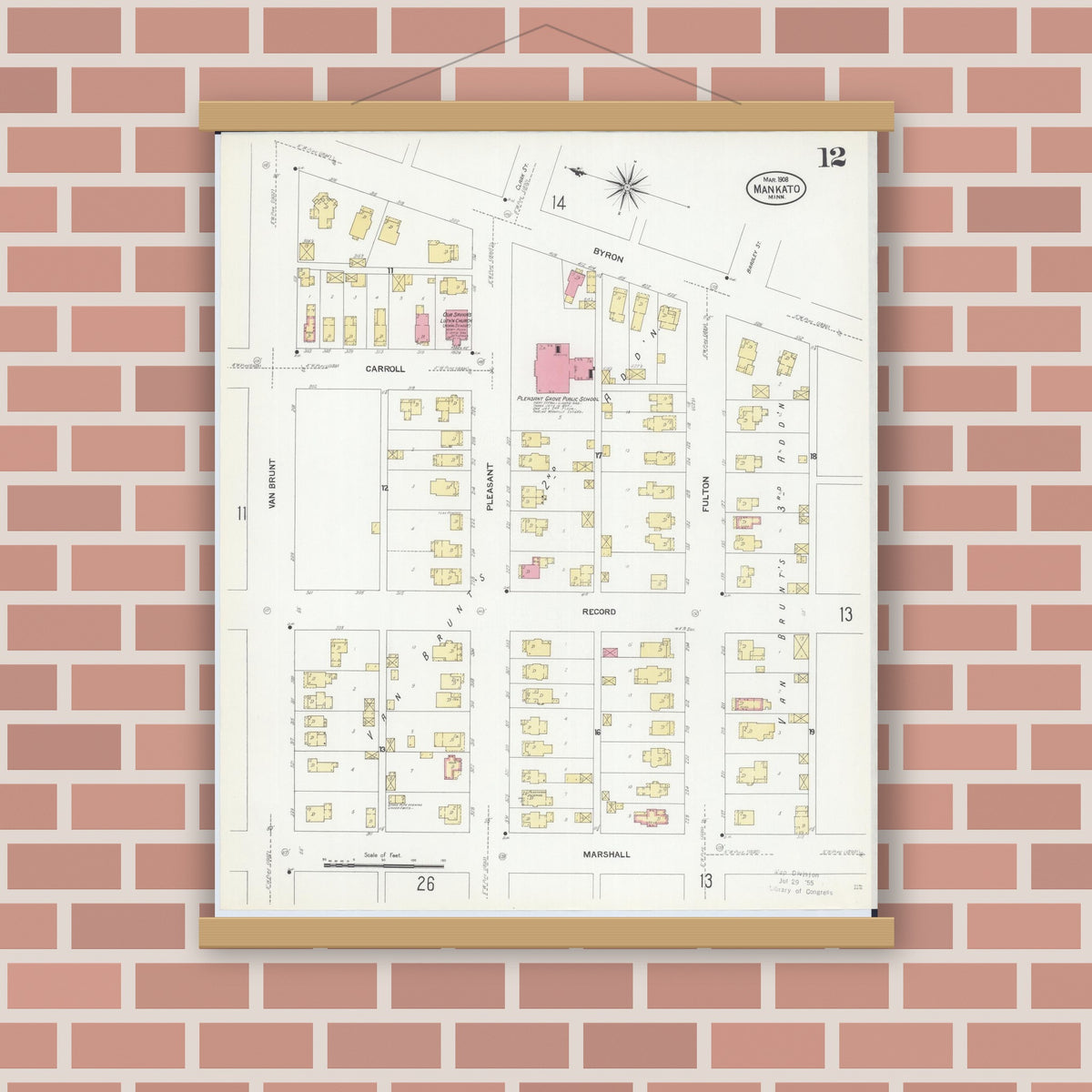 Old map wall art mockup — magnetic wood frame on brick wall — Sanborn Fire Insurance Map from Mankato, Blue Earth County, Minnesota (1908), Sheet #0012