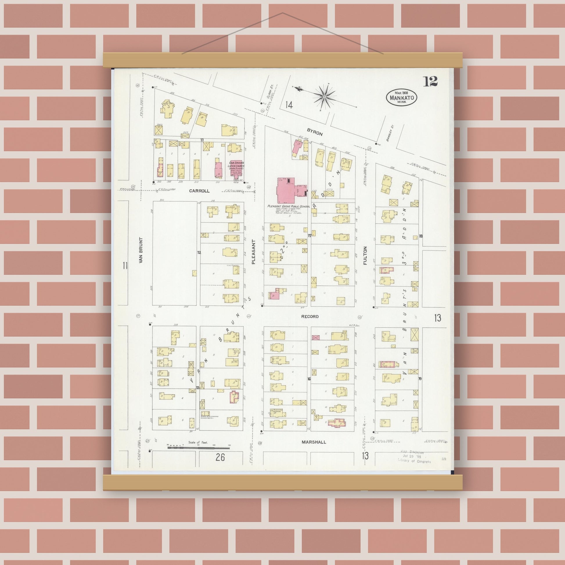 Old map wall art mockup — magnetic wood frame on brick wall — Sanborn Fire Insurance Map from Mankato, Blue Earth County, Minnesota (1908), Sheet #0012