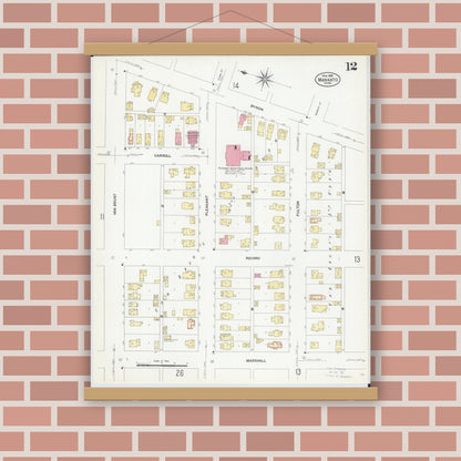 Old map wall art mockup — magnetic wood frame on brick wall — Sanborn Fire Insurance Map from Mankato, Blue Earth County, Minnesota (1908), Sheet #0012