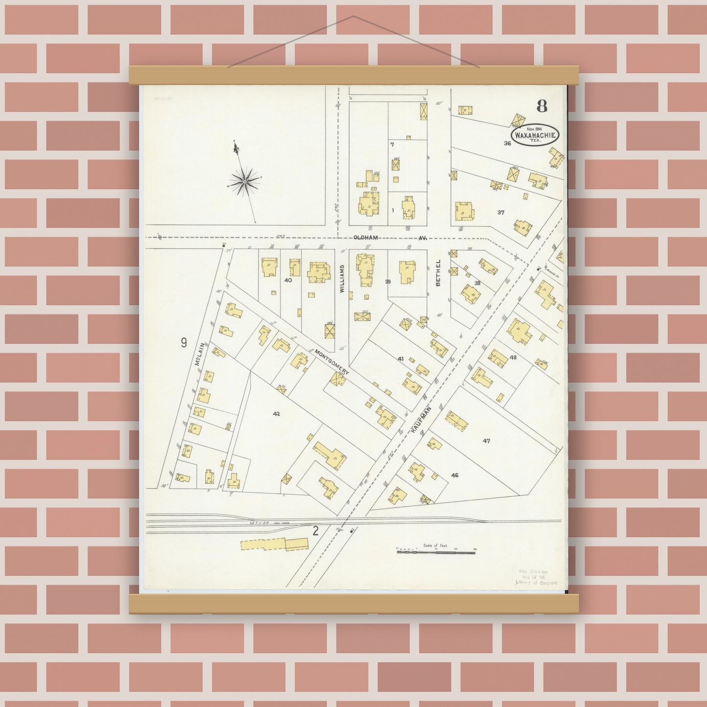 Old map wall art mockup — magnetic wood frame on brick wall — Sanborn Fire Insurance Map from Waxahachie, Ellis County, Texas (1904), Sheet #0008