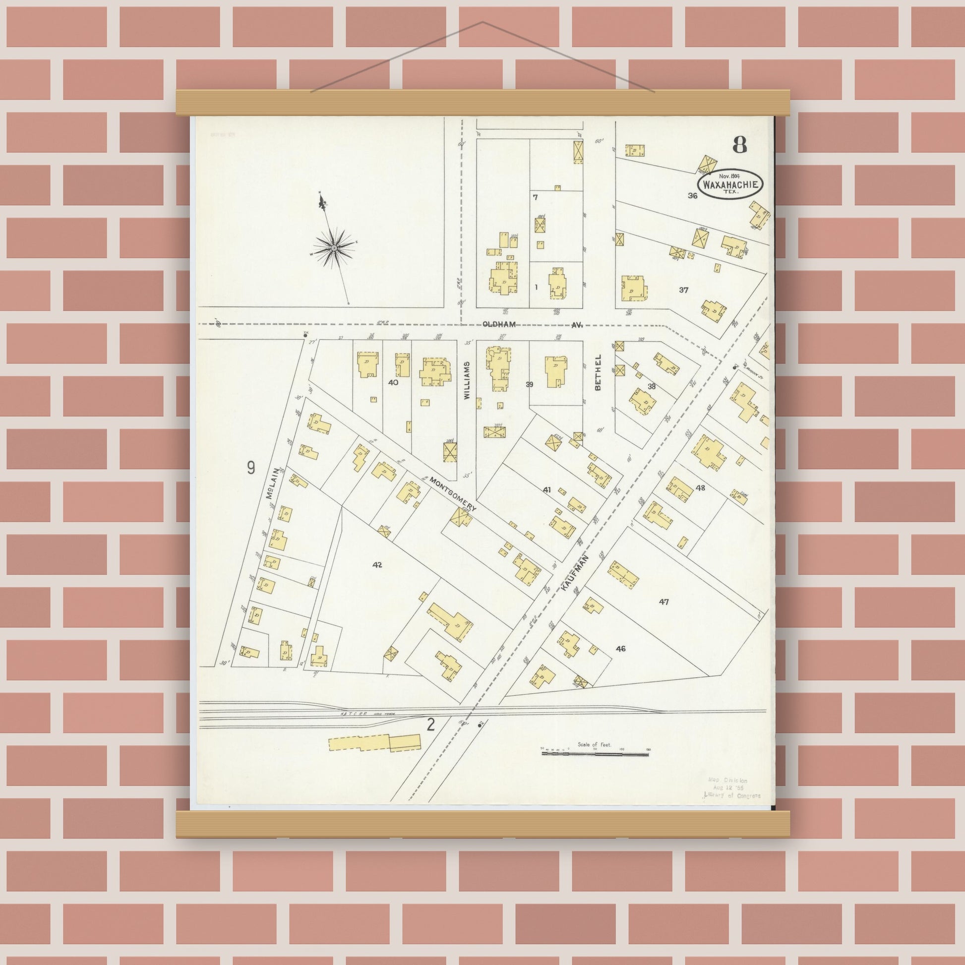 Old map wall art mockup — magnetic wood frame on brick wall — Sanborn Fire Insurance Map from Waxahachie, Ellis County, Texas (1904), Sheet #0008