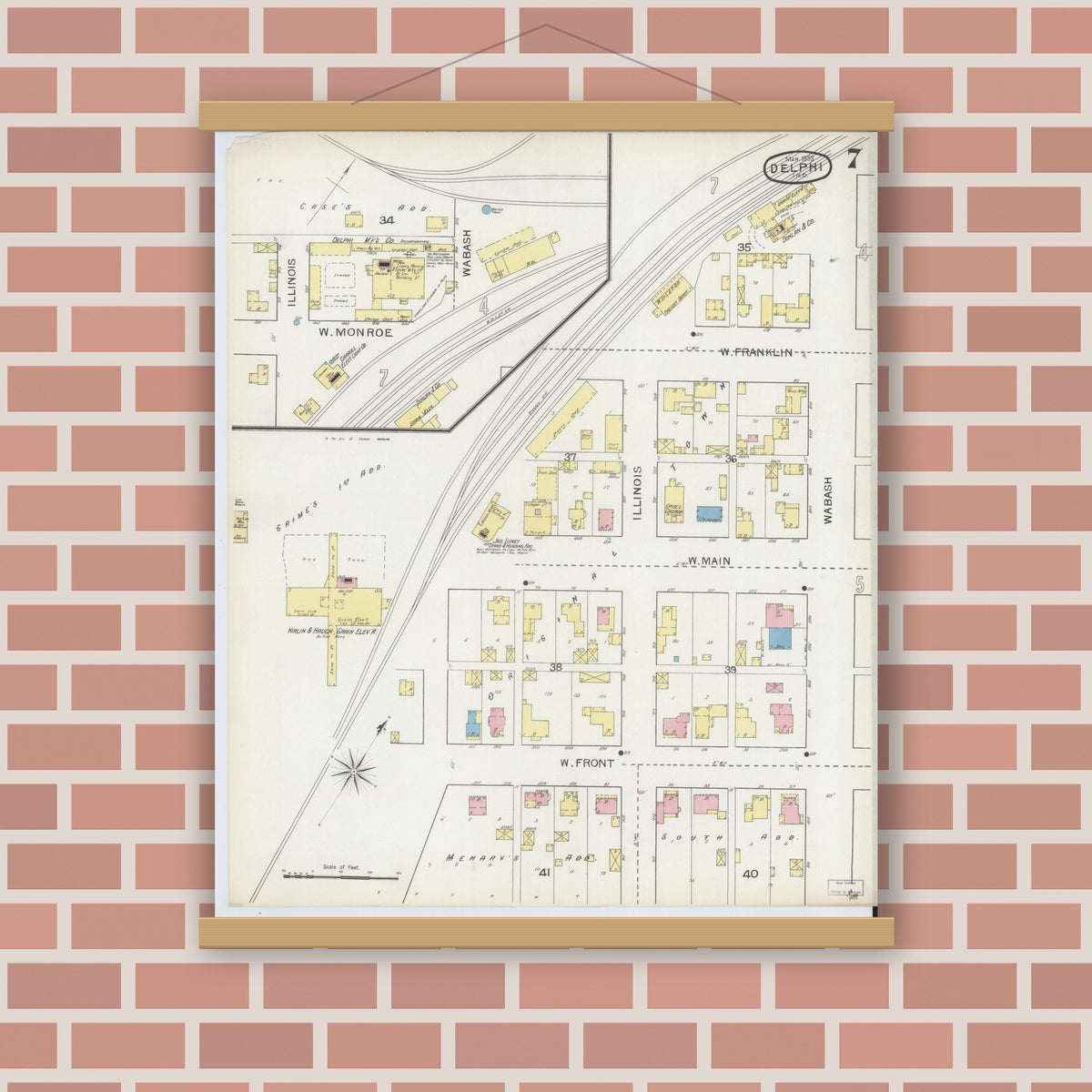 Old map wall art mockup — magnetic wood frame on brick wall — Sanborn Fire Insurance Map from Delphi, Carroll County, Indiana (1893), Sheet #0007