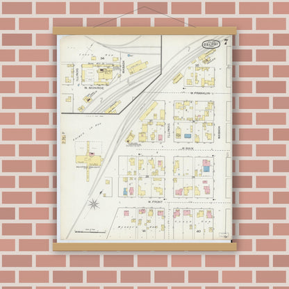 Old map wall art mockup — magnetic wood frame on brick wall — Sanborn Fire Insurance Map from Delphi, Carroll County, Indiana (1893), Sheet #0007