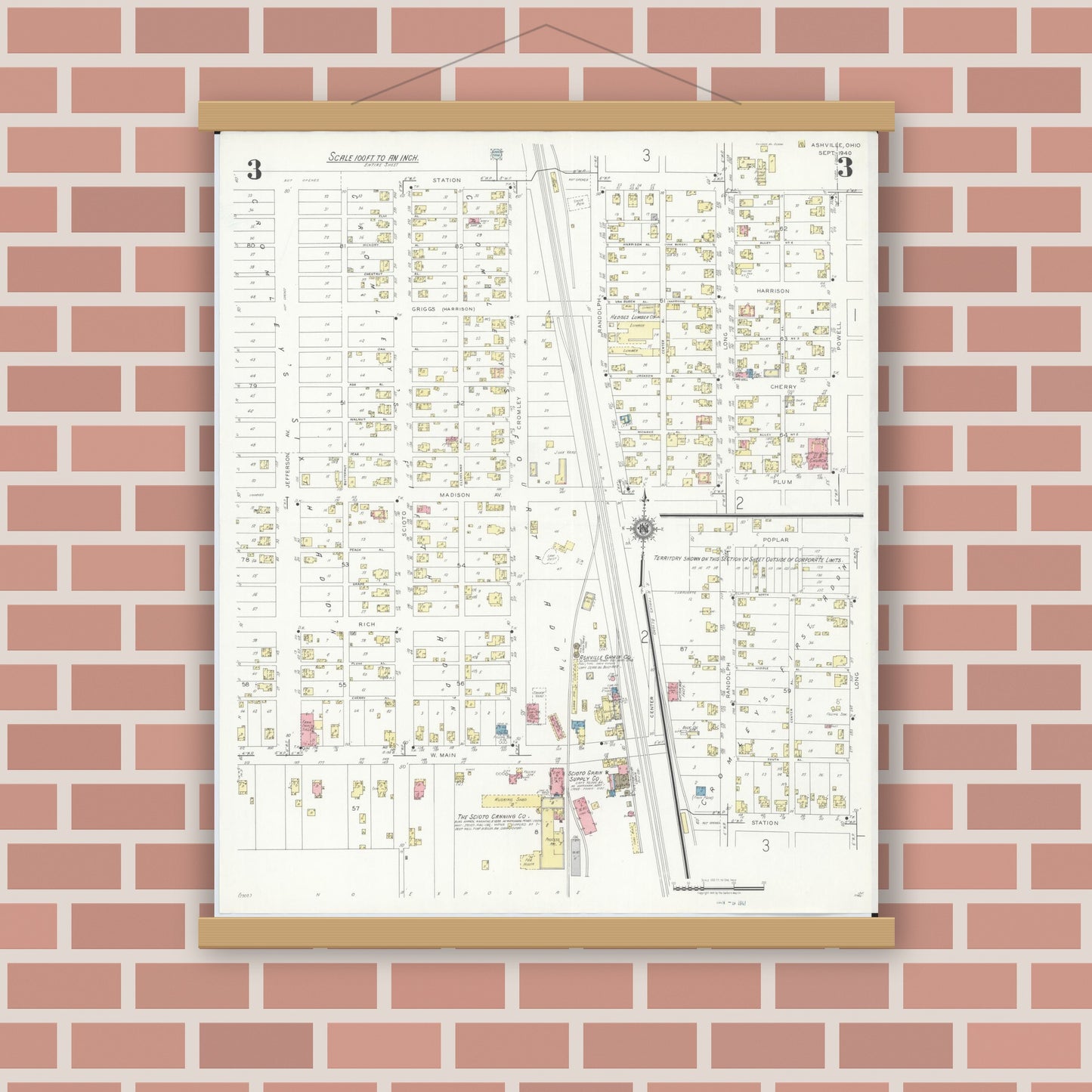 Old map wall art mockup — magnetic wood frame on brick wall — Sanborn Fire Insurance Map from Ashville, Pickaway County, Ohio (1940), Sheet #0003