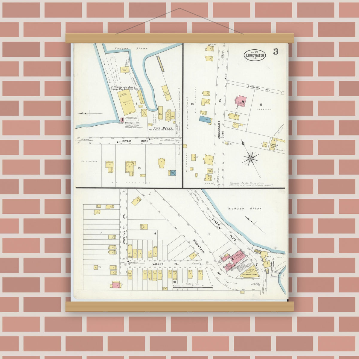 Old map wall art mockup — magnetic wood frame on brick wall — Sanborn Fire Insurance Map from Edgewater, Bergen County, New Jersey (1908), Sheet #0003