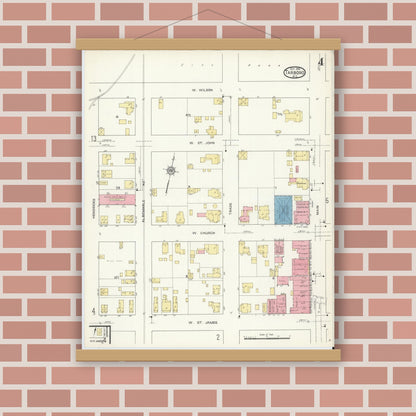 Old map wall art mockup — magnetic wood frame on brick wall — Sanborn Fire Insurance Map from Tarboro, Edgecombe County, North Carolina (1913), Sheet #0004