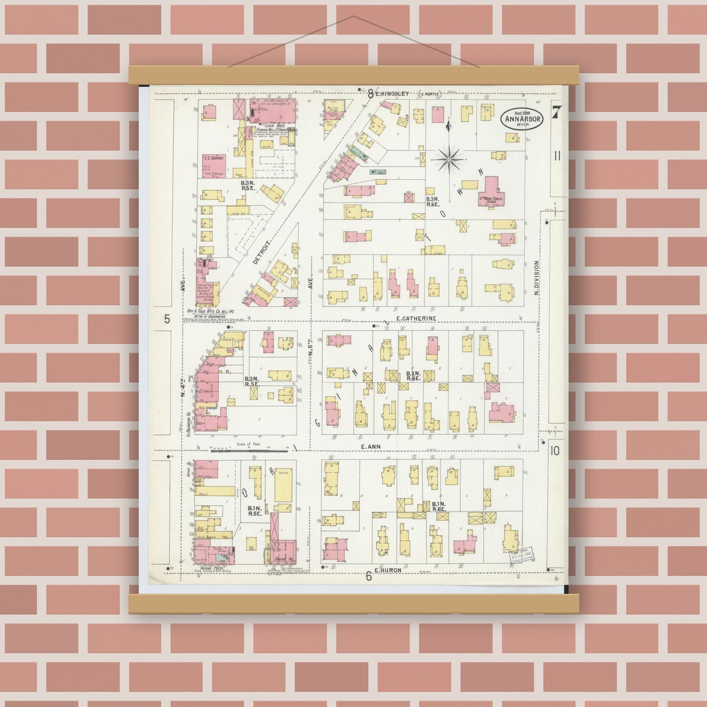 Old map wall art mockup — magnetic wood frame on brick wall — Sanborn Fire Insurance Map from Ann Arbor, Washtenaw County, Michigan (1899), Sheet #0007