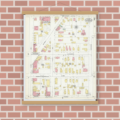Old map wall art mockup — magnetic wood frame on brick wall — Sanborn Fire Insurance Map from Ann Arbor, Washtenaw County, Michigan (1899), Sheet #0007