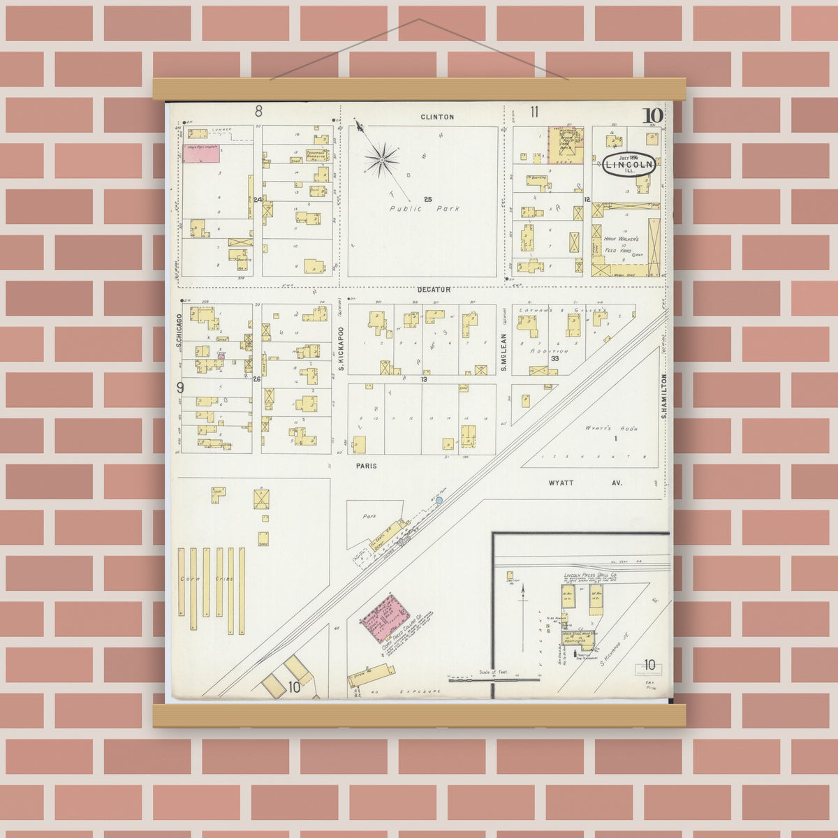 Old map wall art mockup — magnetic wood frame on brick wall — Sanborn Fire Insurance Map from Lincoln, Logan County, Illinois (1896), Sheet #0010