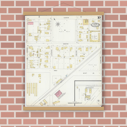 Old map wall art mockup — magnetic wood frame on brick wall — Sanborn Fire Insurance Map from Lincoln, Logan County, Illinois (1896), Sheet #0010