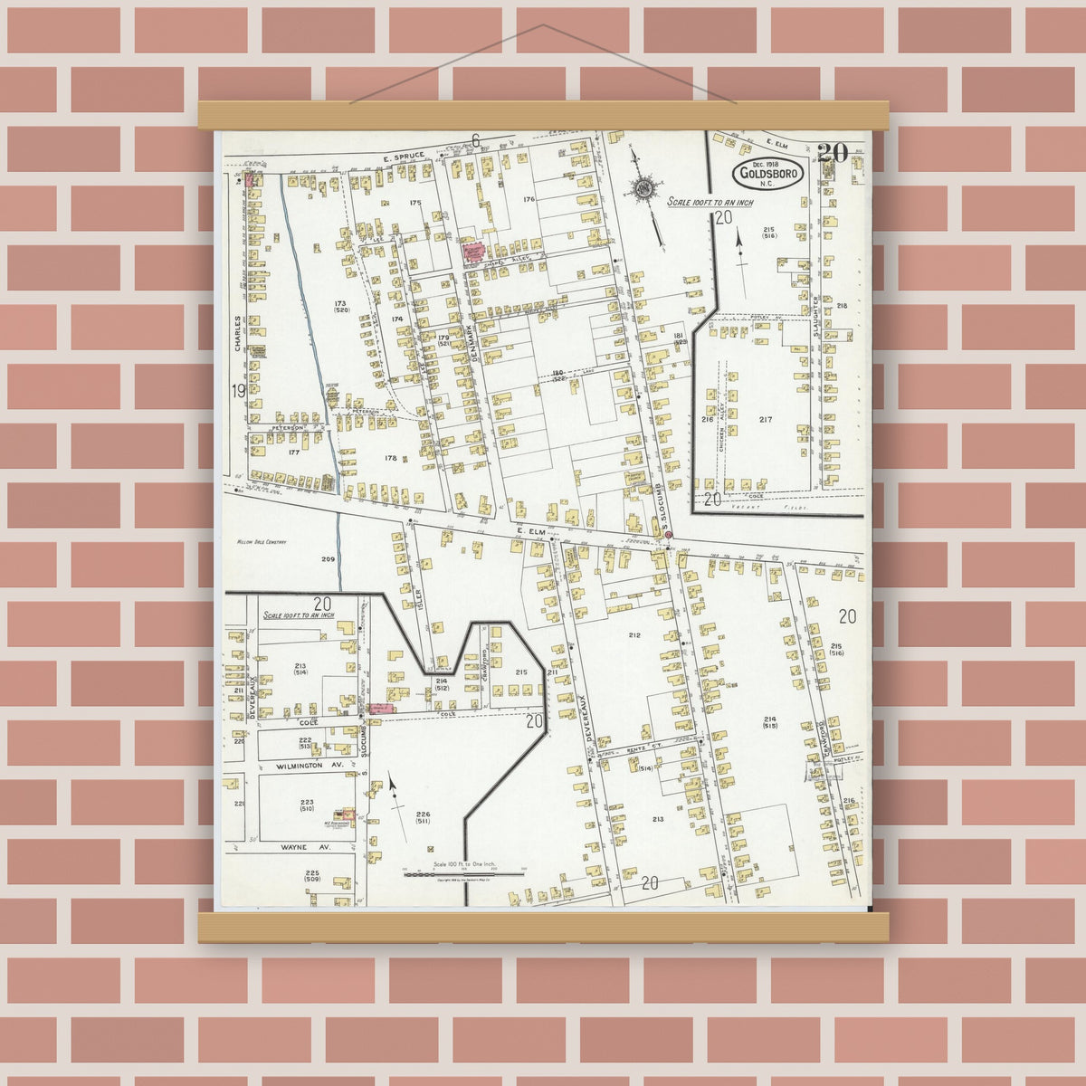 Old map wall art mockup — magnetic wood frame on brick wall — Sanborn Fire Insurance Map from Goldsboro, Wayne County, North Carolina (1918), Sheet #0020