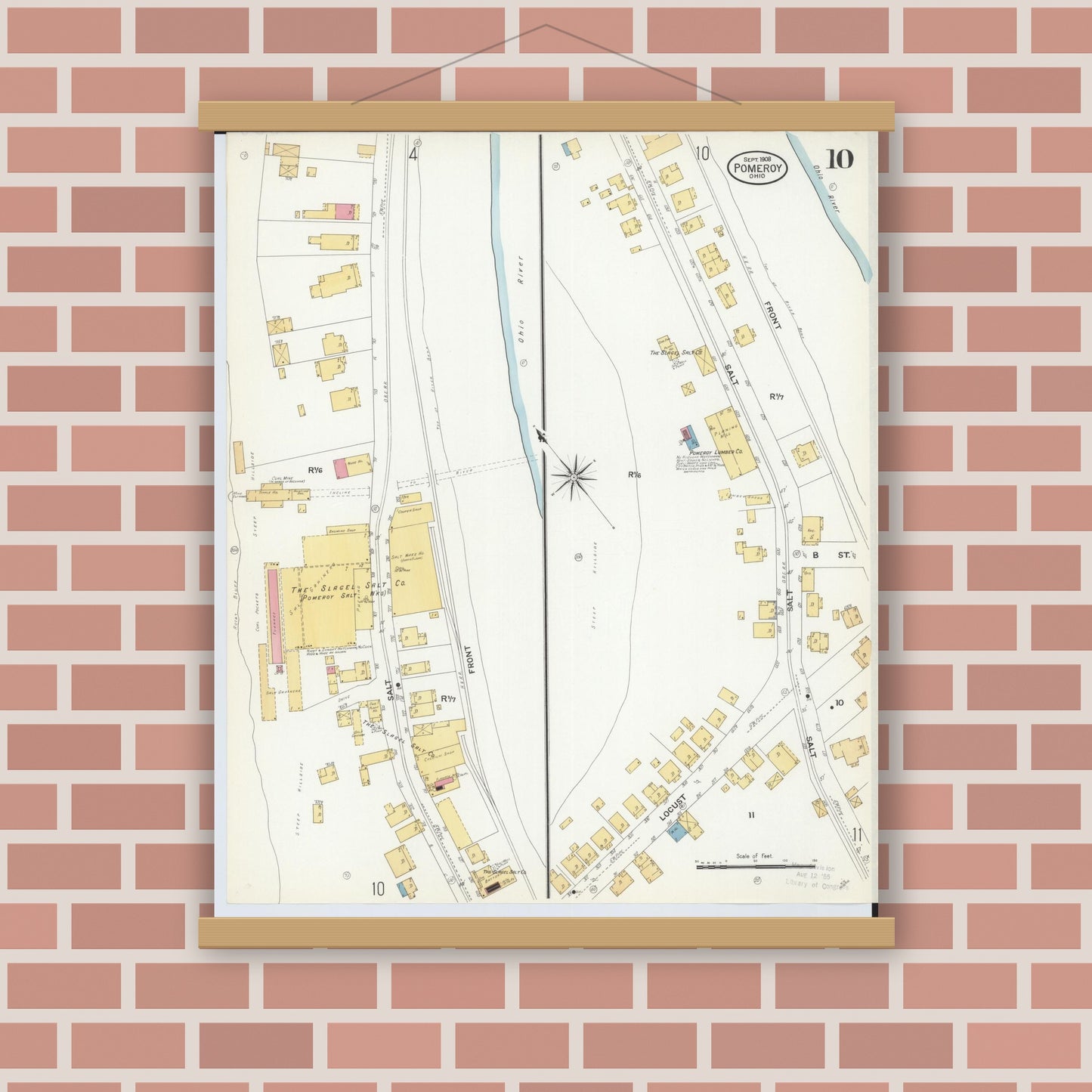Old map wall art mockup — magnetic wood frame on brick wall — Sanborn Fire Insurance Map from Pomeroy, Meigs County, Ohio (1908), Sheet #0010