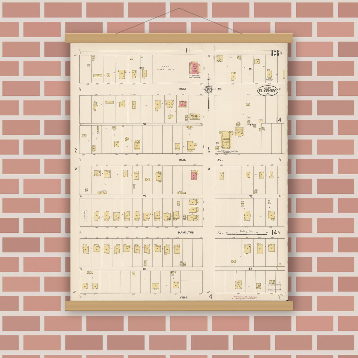 Old map wall art mockup — magnetic wood frame on brick wall — Sanborn Fire Insurance Map from El Centro, Imperial County, California (1914), Sheet #0013