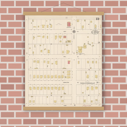 Old map wall art mockup — magnetic wood frame on brick wall — Sanborn Fire Insurance Map from El Centro, Imperial County, California (1914), Sheet #0013