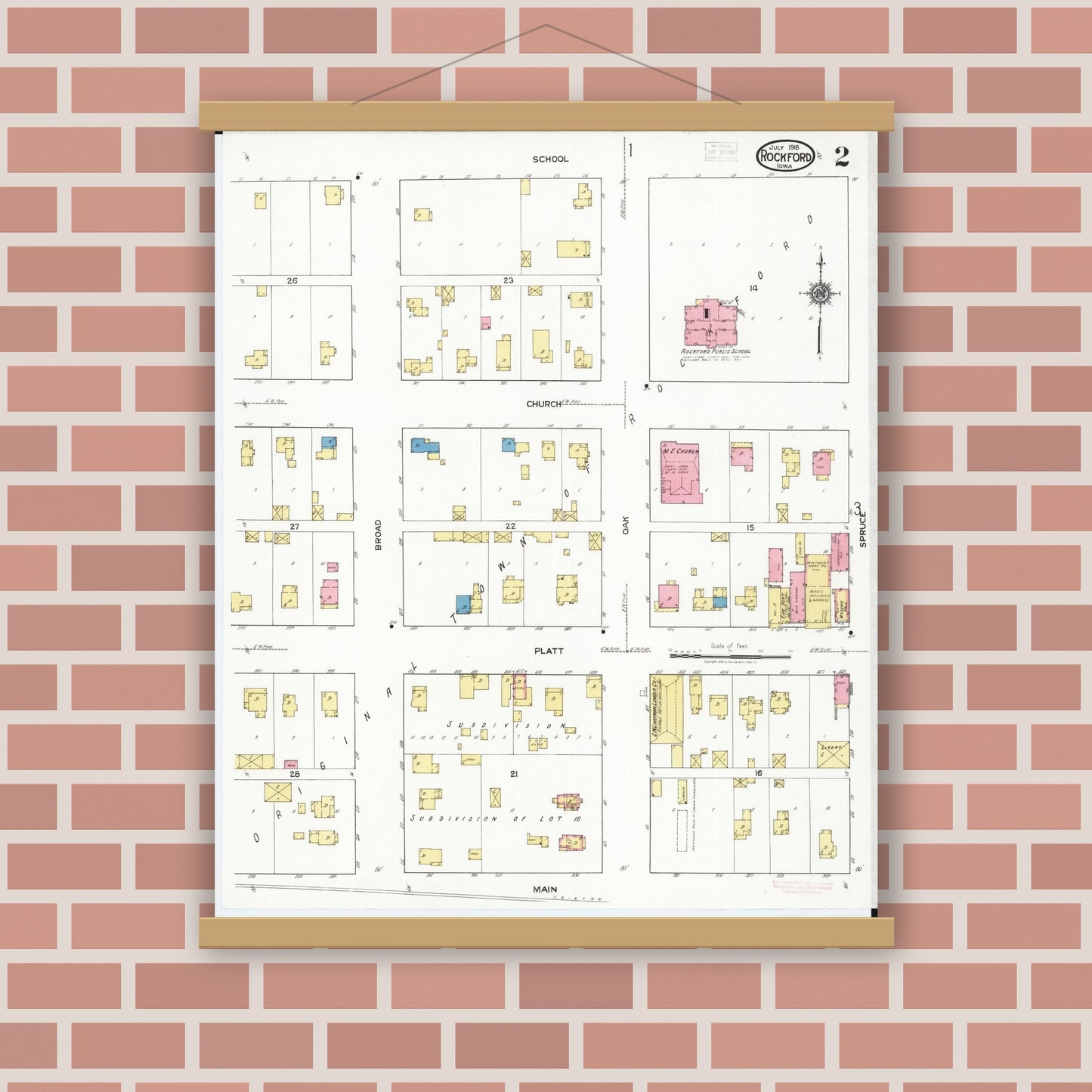 Old map wall art mockup — magnetic wood frame on brick wall — Sanborn Fire Insurance Map from Rockford, Floyd County, Iowa (1918), Sheet #0002