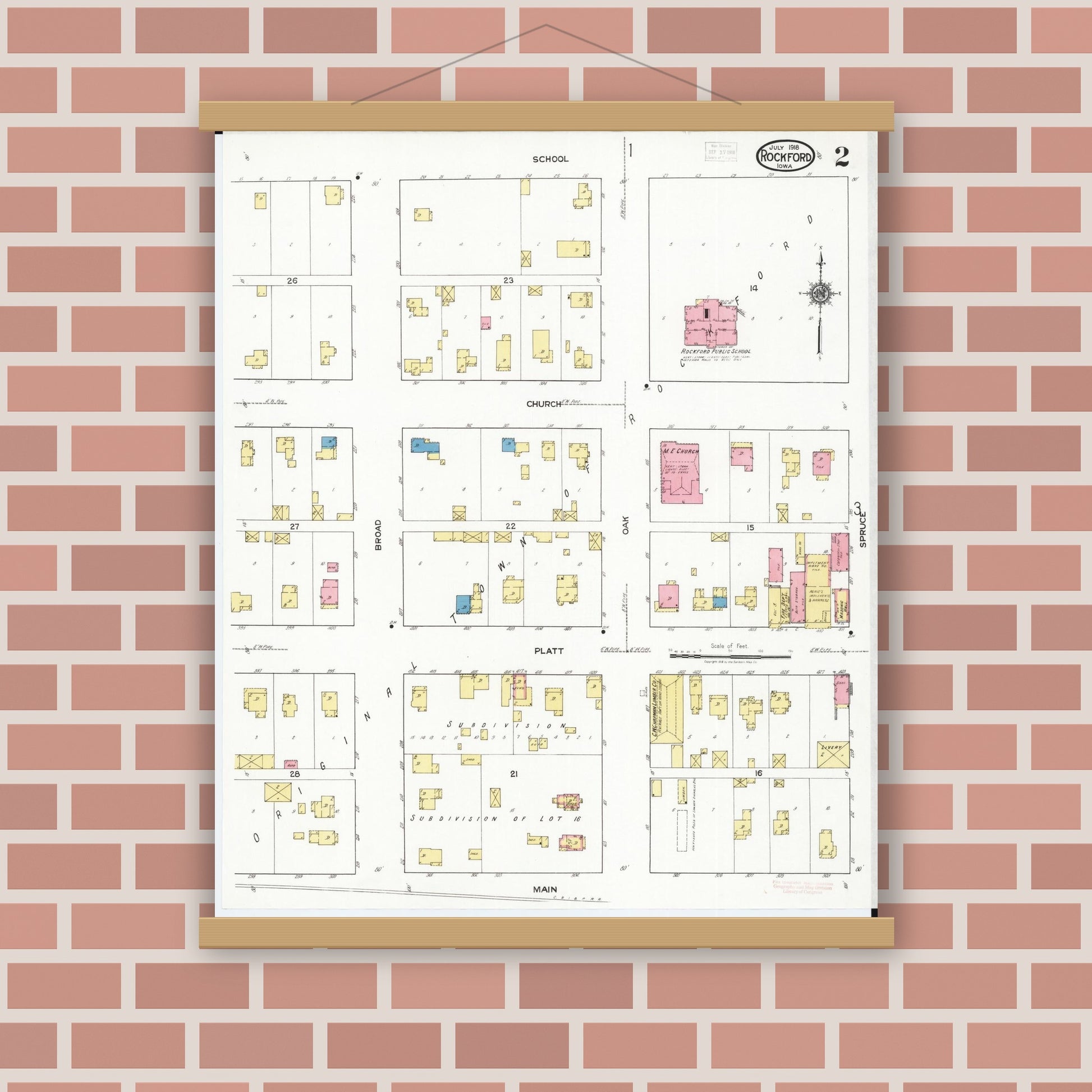 Old map wall art mockup — magnetic wood frame on brick wall — Sanborn Fire Insurance Map from Rockford, Floyd County, Iowa (1918), Sheet #0002