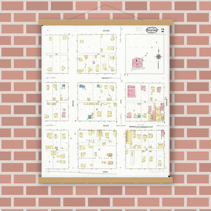 Old map wall art mockup — magnetic wood frame on brick wall — Sanborn Fire Insurance Map from Rockford, Floyd County, Iowa (1918), Sheet #0002