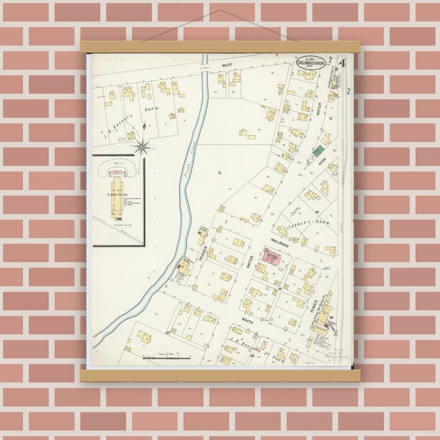 Old map wall art mockup — magnetic wood frame on brick wall — Sanborn Fire Insurance Map from Columbus Grove, Putnam County, Ohio (1901), Sheet #0004