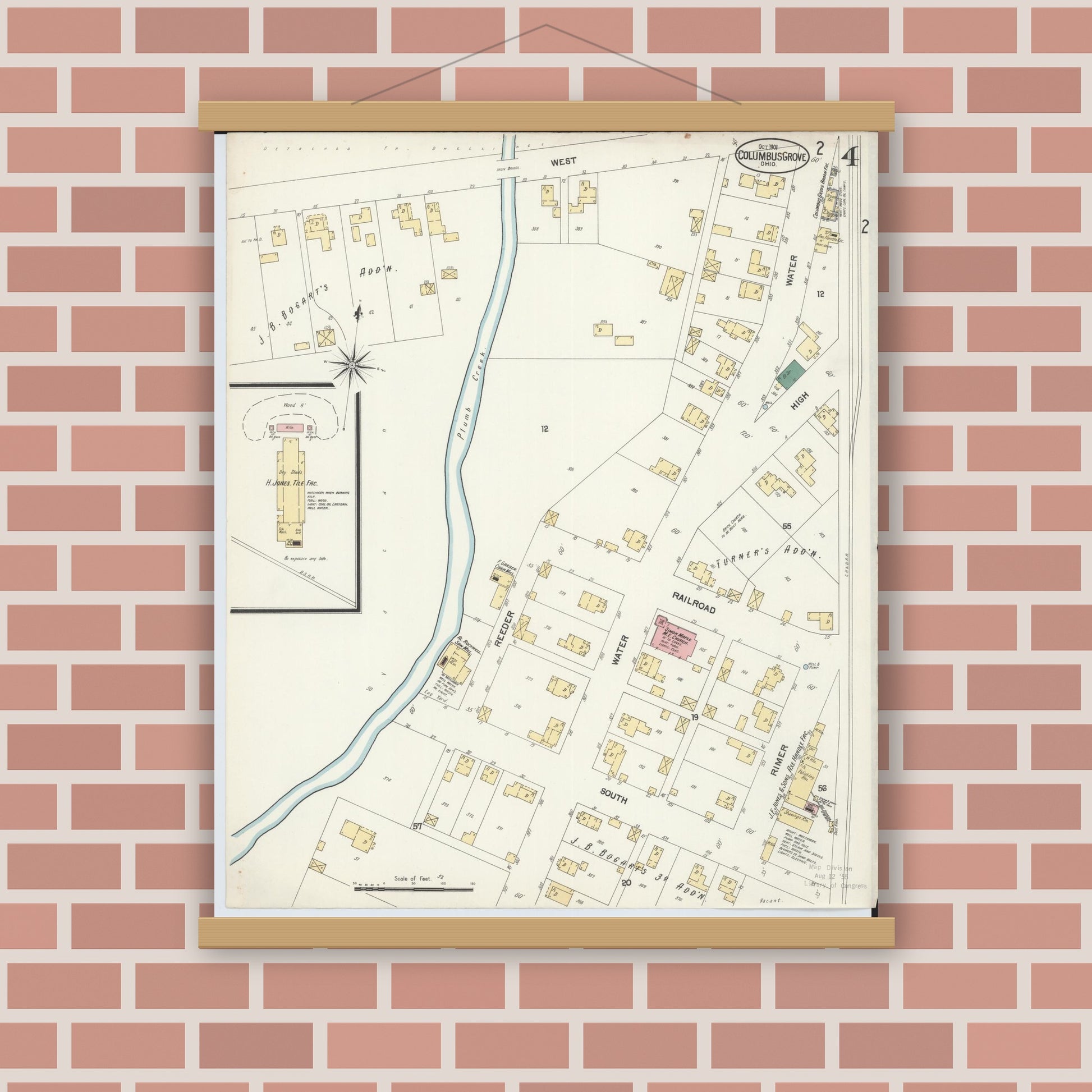 Old map wall art mockup — magnetic wood frame on brick wall — Sanborn Fire Insurance Map from Columbus Grove, Putnam County, Ohio (1901), Sheet #0004