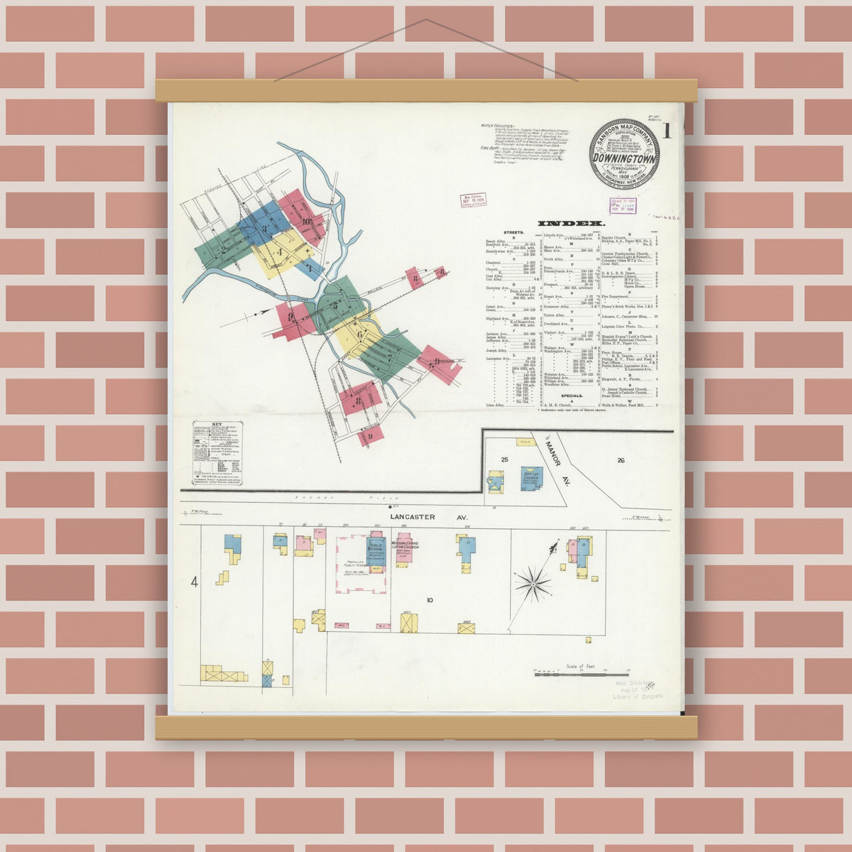Old map wall art mockup — magnetic wood frame on brick wall — Sanborn Fire Insurance Map from Downingtown, Chester County, Pennsylvania (1909), Sheet #0001