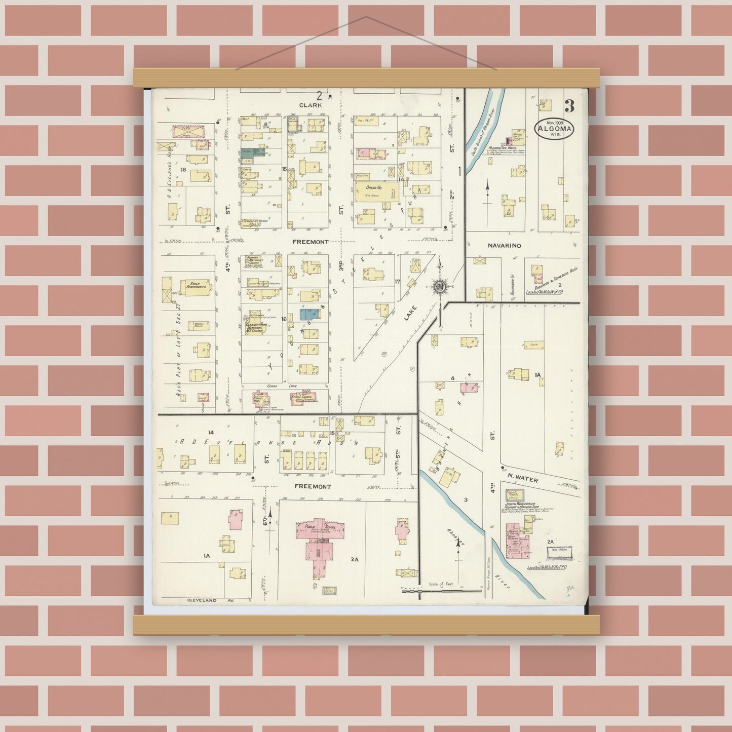 Old map wall art mockup — magnetic wood frame on brick wall — Sanborn Fire Insurance Map from Algoma, Kewaunee County, Wisconsin (1909), Sheet #0003
