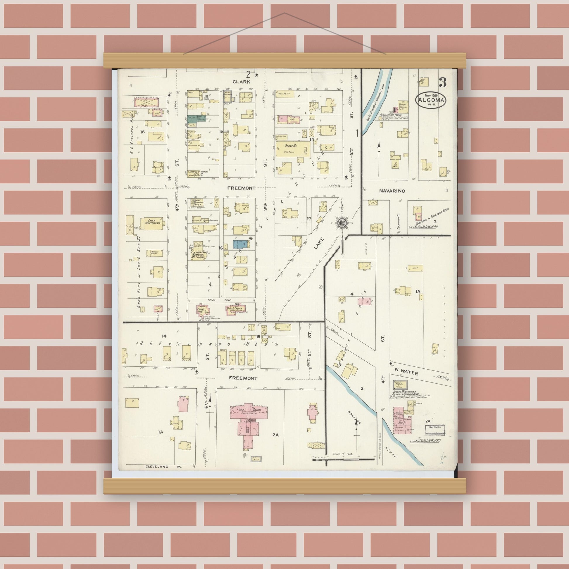 Old map wall art mockup — magnetic wood frame on brick wall — Sanborn Fire Insurance Map from Algoma, Kewaunee County, Wisconsin (1909), Sheet #0003