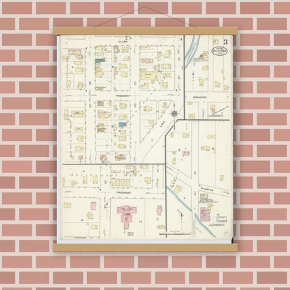 Old map wall art mockup — magnetic wood frame on brick wall — Sanborn Fire Insurance Map from Algoma, Kewaunee County, Wisconsin (1909), Sheet #0003