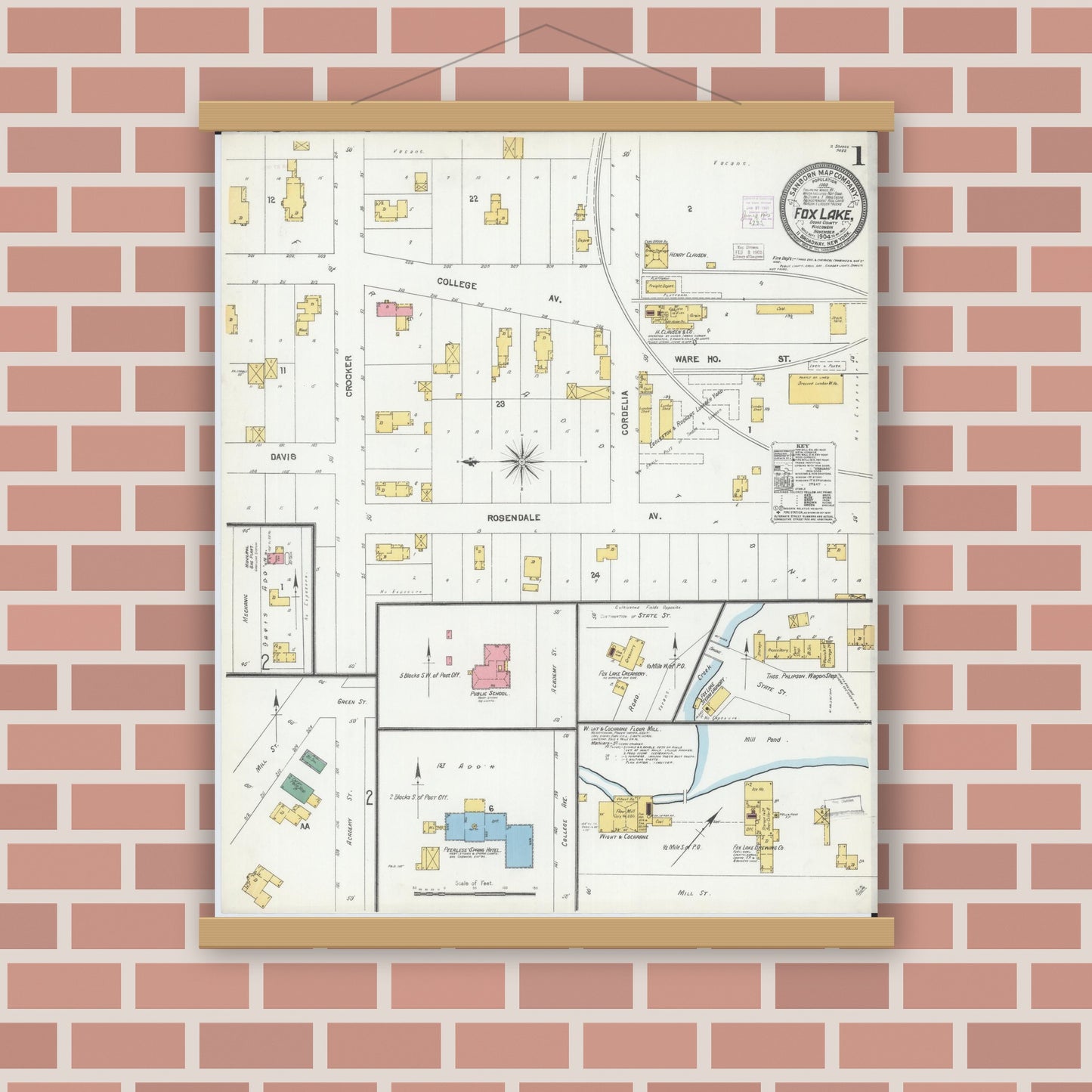 Old map wall art mockup — magnetic wood frame on brick wall — Sanborn Fire Insurance Map from Fox Lake, Dodge County, Wisconsin (1904) - Complete Map Set