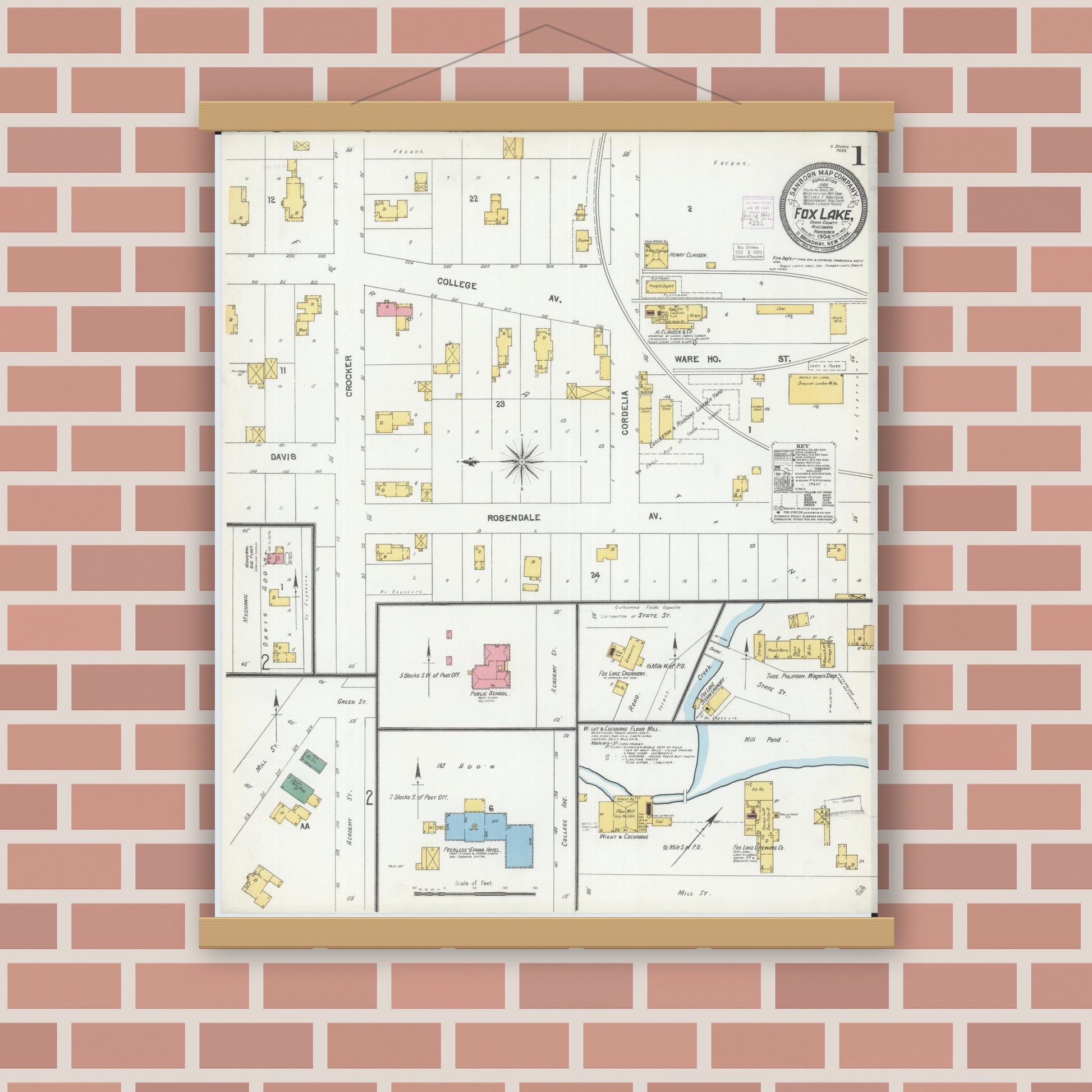 Old map wall art mockup — magnetic wood frame on brick wall — Sanborn Fire Insurance Map from Fox Lake, Dodge County, Wisconsin (1904) - Complete Map Set