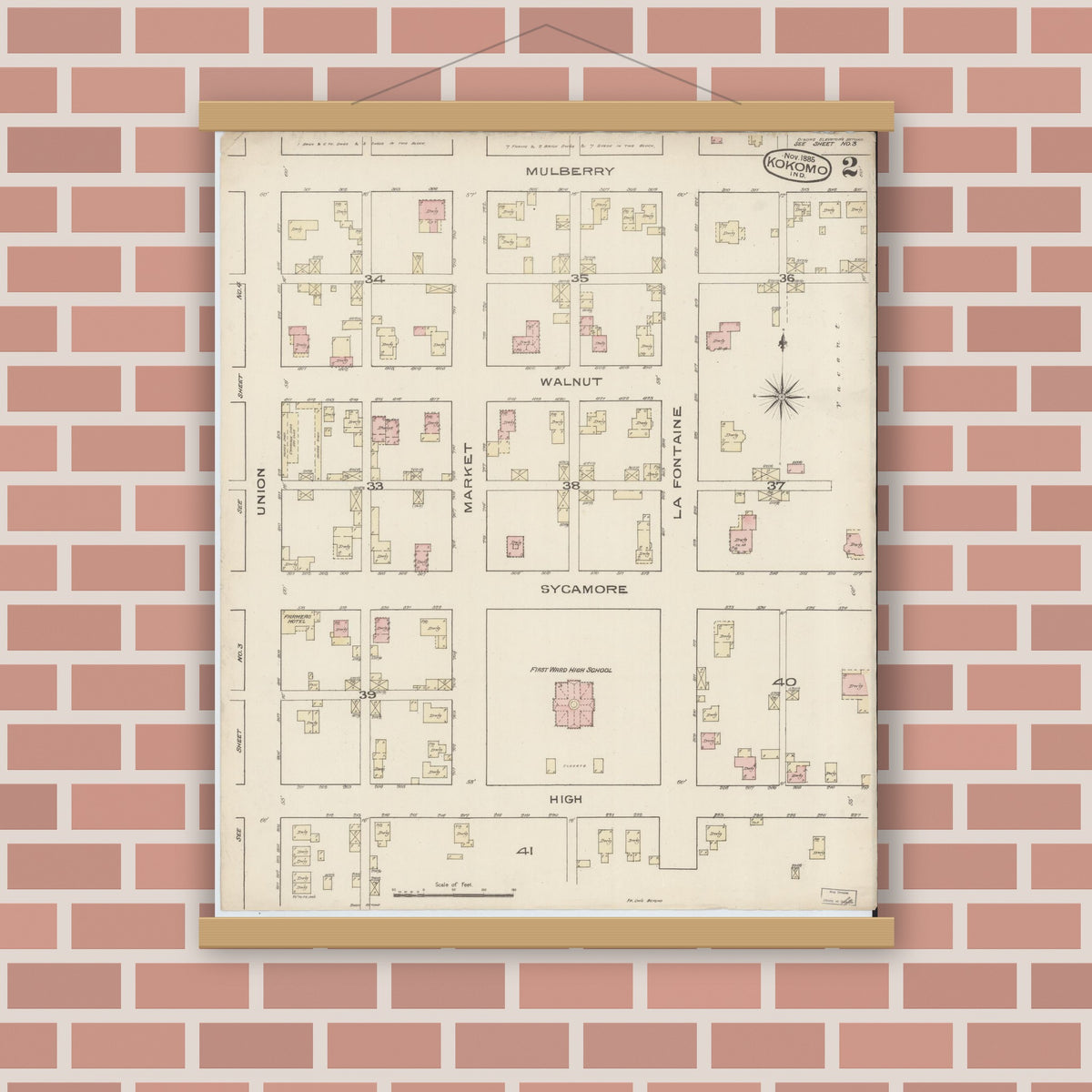 Old map wall art mockup — magnetic wood frame on brick wall — Sanborn Fire Insurance Map from Kokomo, Howard County, Indiana (1885), Sheet #0002