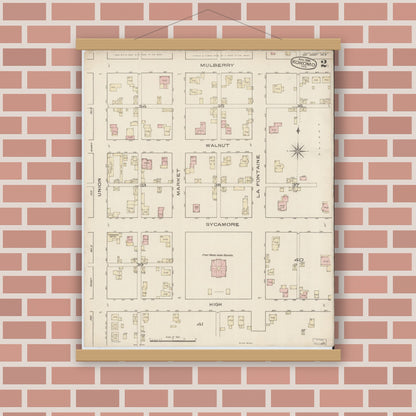 Old map wall art mockup — magnetic wood frame on brick wall — Sanborn Fire Insurance Map from Kokomo, Howard County, Indiana (1885), Sheet #0002
