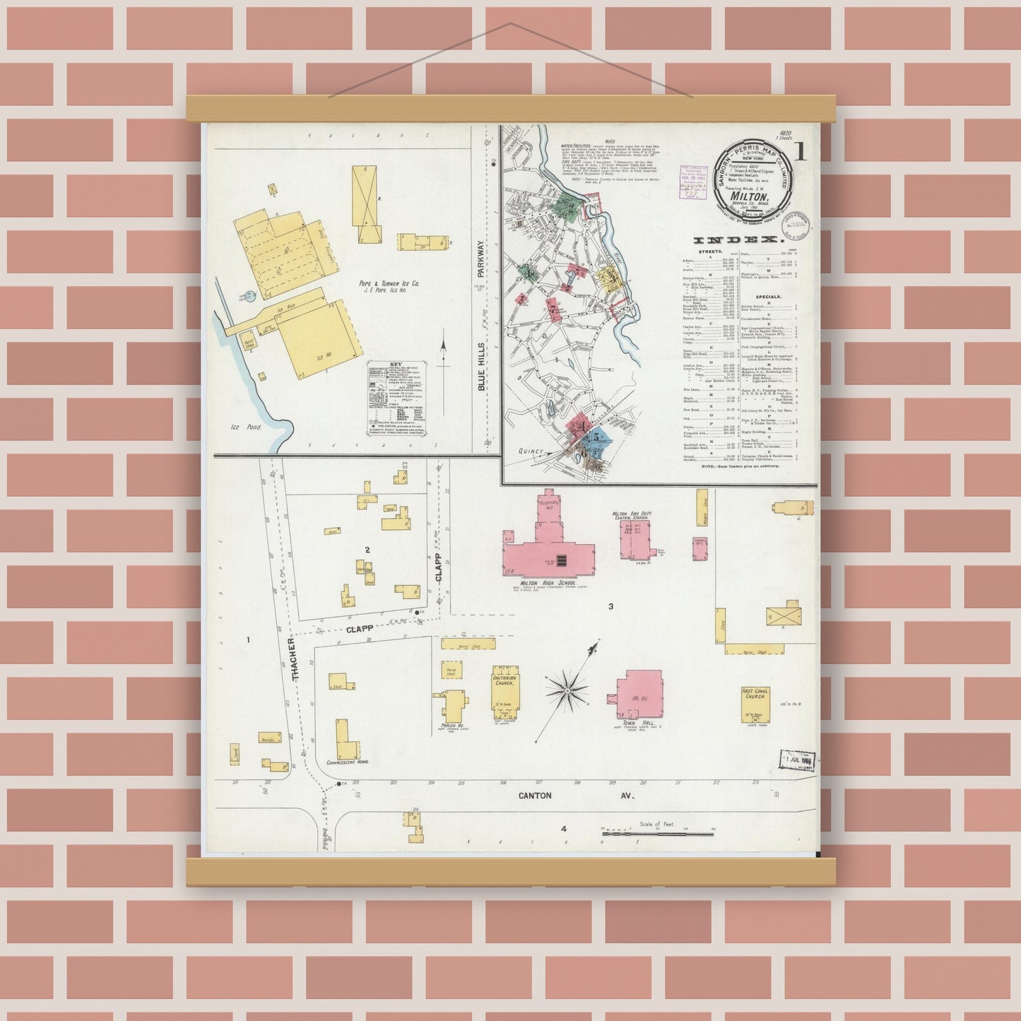 Old map wall art mockup — magnetic wood frame on brick wall — Sanborn Fire Insurance Map from Milton, Norfolk County, Massachusetts (1901), Sheet #0001