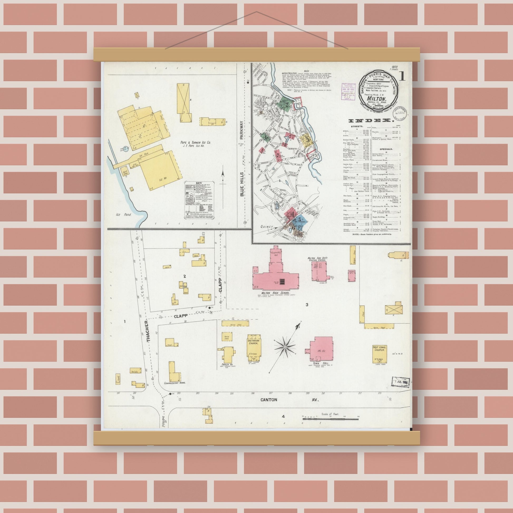 Old map wall art mockup — magnetic wood frame on brick wall — Sanborn Fire Insurance Map from Milton, Norfolk County, Massachusetts (1901), Sheet #0001