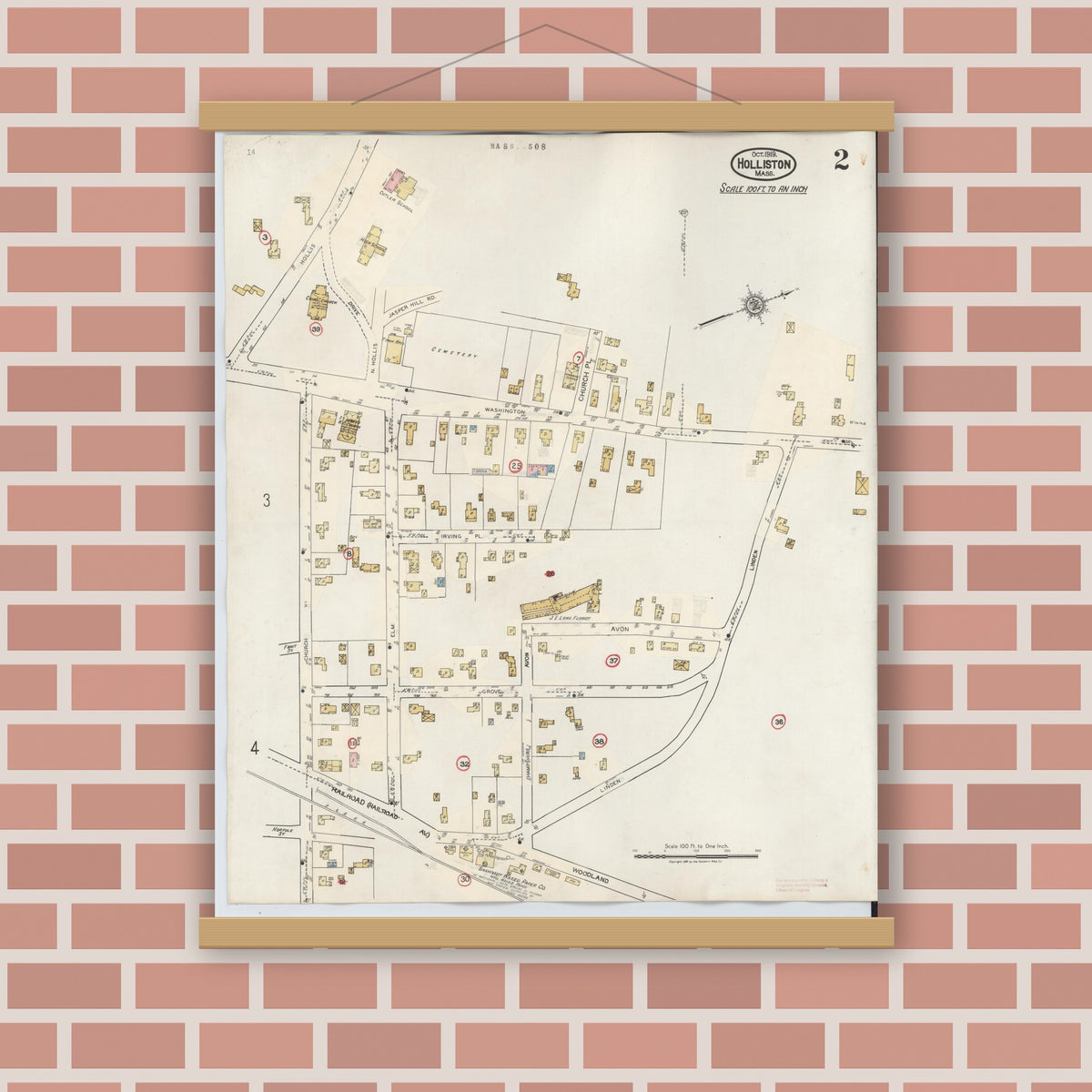 Old map wall art mockup — magnetic wood frame on brick wall — Sanborn Fire Insurance Map from Holliston, Middlesex County, Massachusetts (1942), Sheet #0002