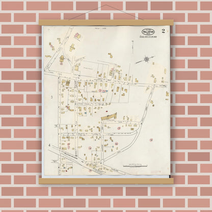 Old map wall art mockup — magnetic wood frame on brick wall — Sanborn Fire Insurance Map from Holliston, Middlesex County, Massachusetts (1942), Sheet #0002