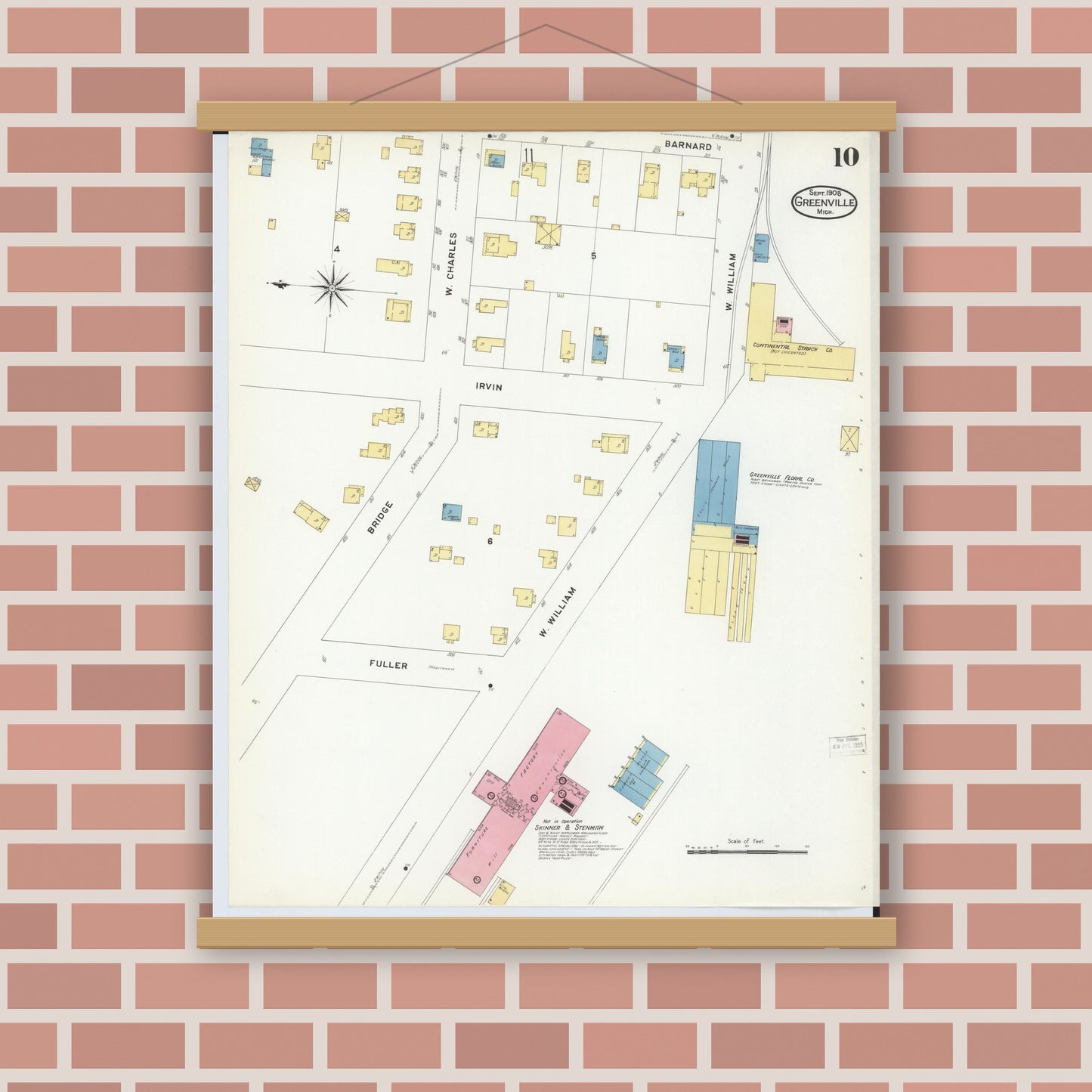 Old map wall art mockup — magnetic wood frame on brick wall — Sanborn Fire Insurance Map from Greenville, Montcalm County, Michigan (1908), Sheet #0010
