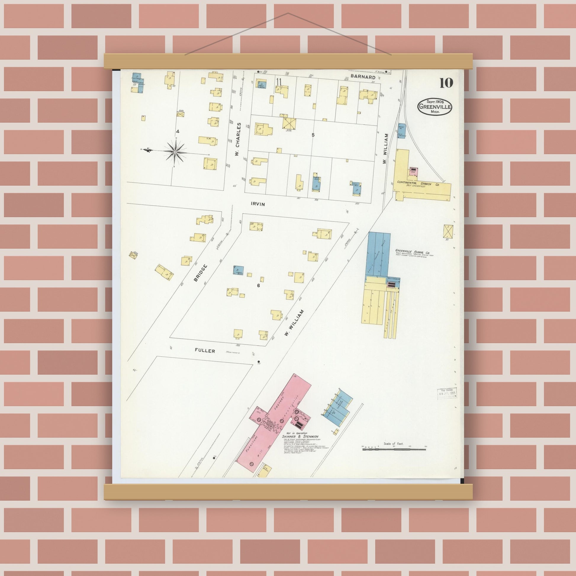 Old map wall art mockup — magnetic wood frame on brick wall — Sanborn Fire Insurance Map from Greenville, Montcalm County, Michigan (1908), Sheet #0010