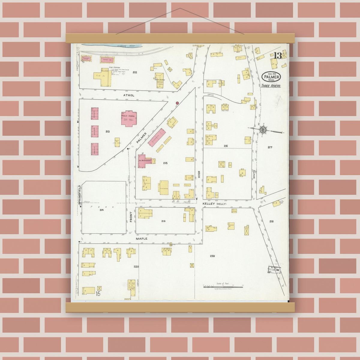 Old map wall art mockup — magnetic wood frame on brick wall — Sanborn Fire Insurance Map from Palmer, Hampden County, Massachusetts (1918), Sheet #0013