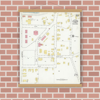 Old map wall art mockup — magnetic wood frame on brick wall — Sanborn Fire Insurance Map from Palmer, Hampden County, Massachusetts (1918), Sheet #0013
