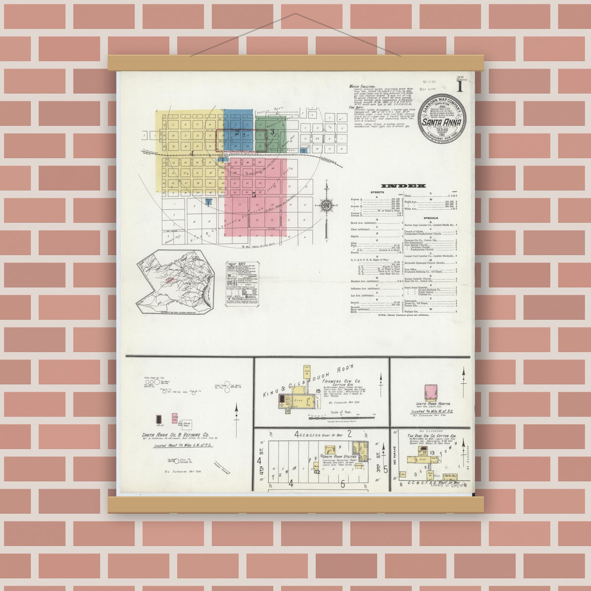 Old map wall art mockup — magnetic wood frame on brick wall — Sanborn Fire Insurance Map from Santa Anna, Coleman County, Texas (1921) - Complete Map Set