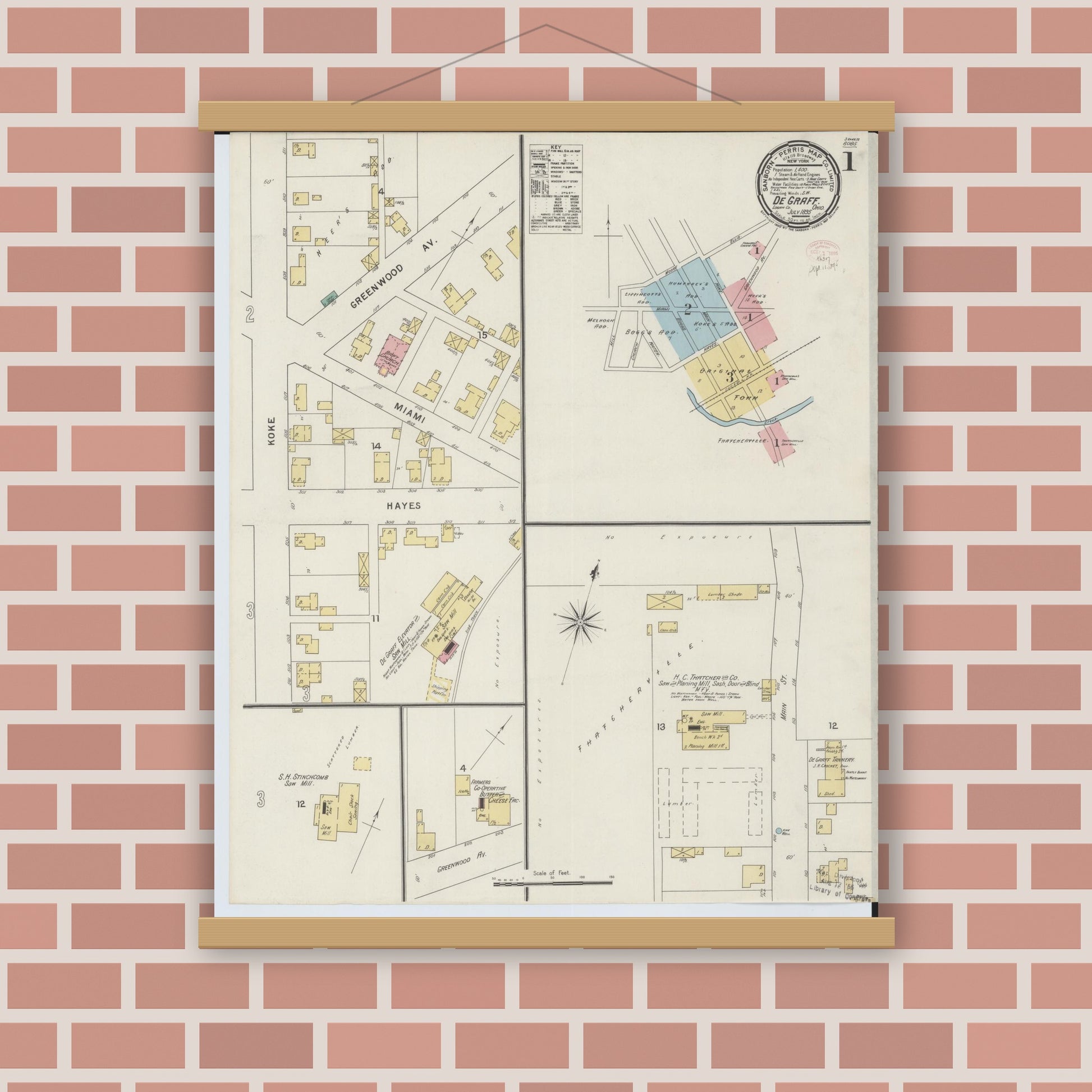 Old map wall art mockup — magnetic wood frame on brick wall — Sanborn Fire Insurance Map from Degraff, Logan County, Ohio (1895), Sheet #0001