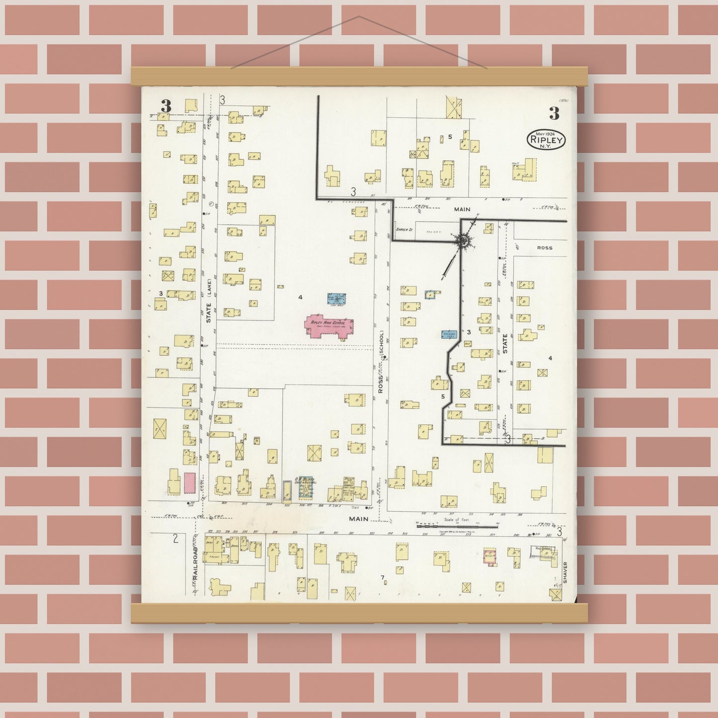 Old map wall art mockup — magnetic wood frame on brick wall — Sanborn Fire Insurance Map from Ripley, Chautauqua County, New York (1924), Sheet #0003