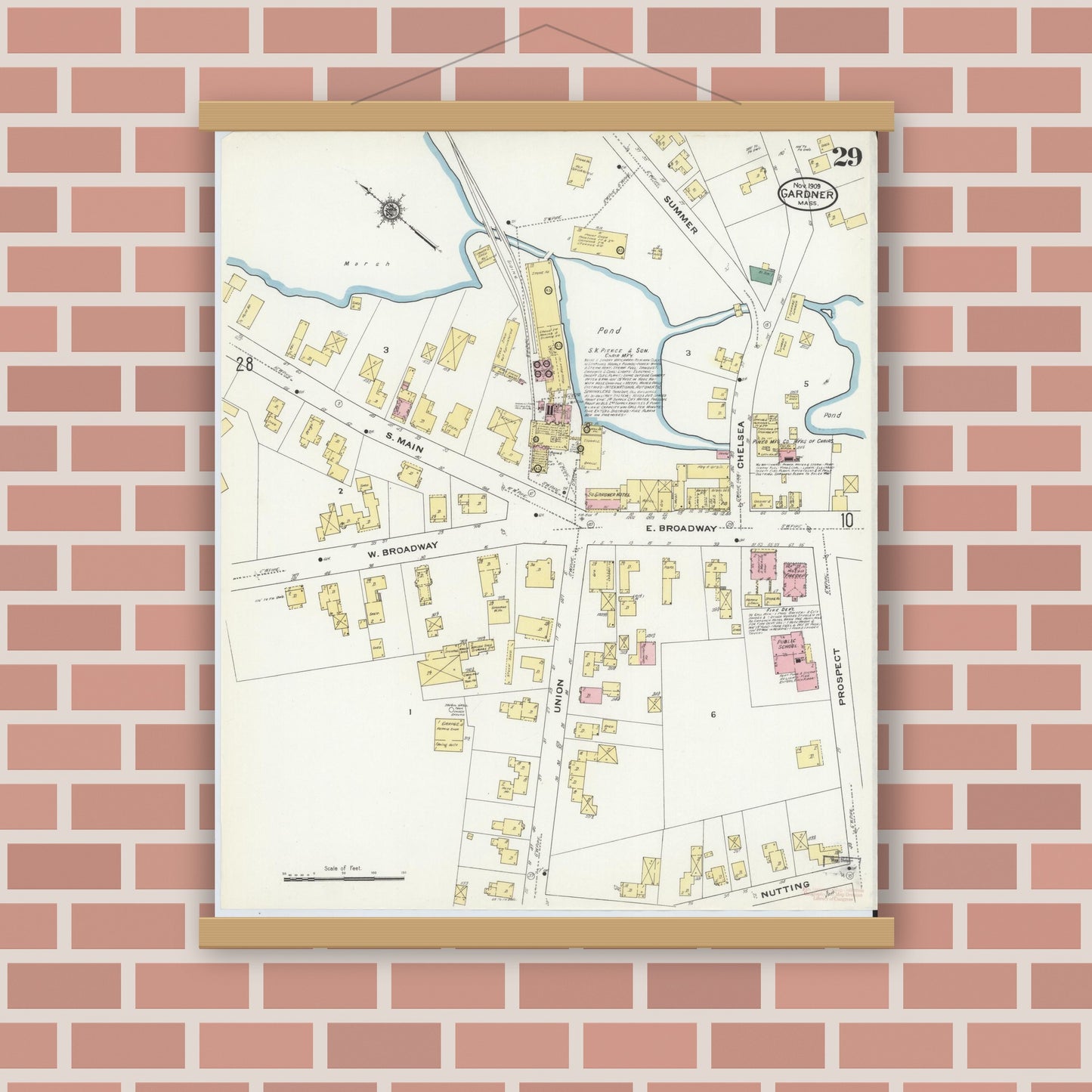 Old map wall art mockup — magnetic wood frame on brick wall — Sanborn Fire Insurance Map from Gardner, Worcester County, Massachusetts (1909), Sheet #0029
