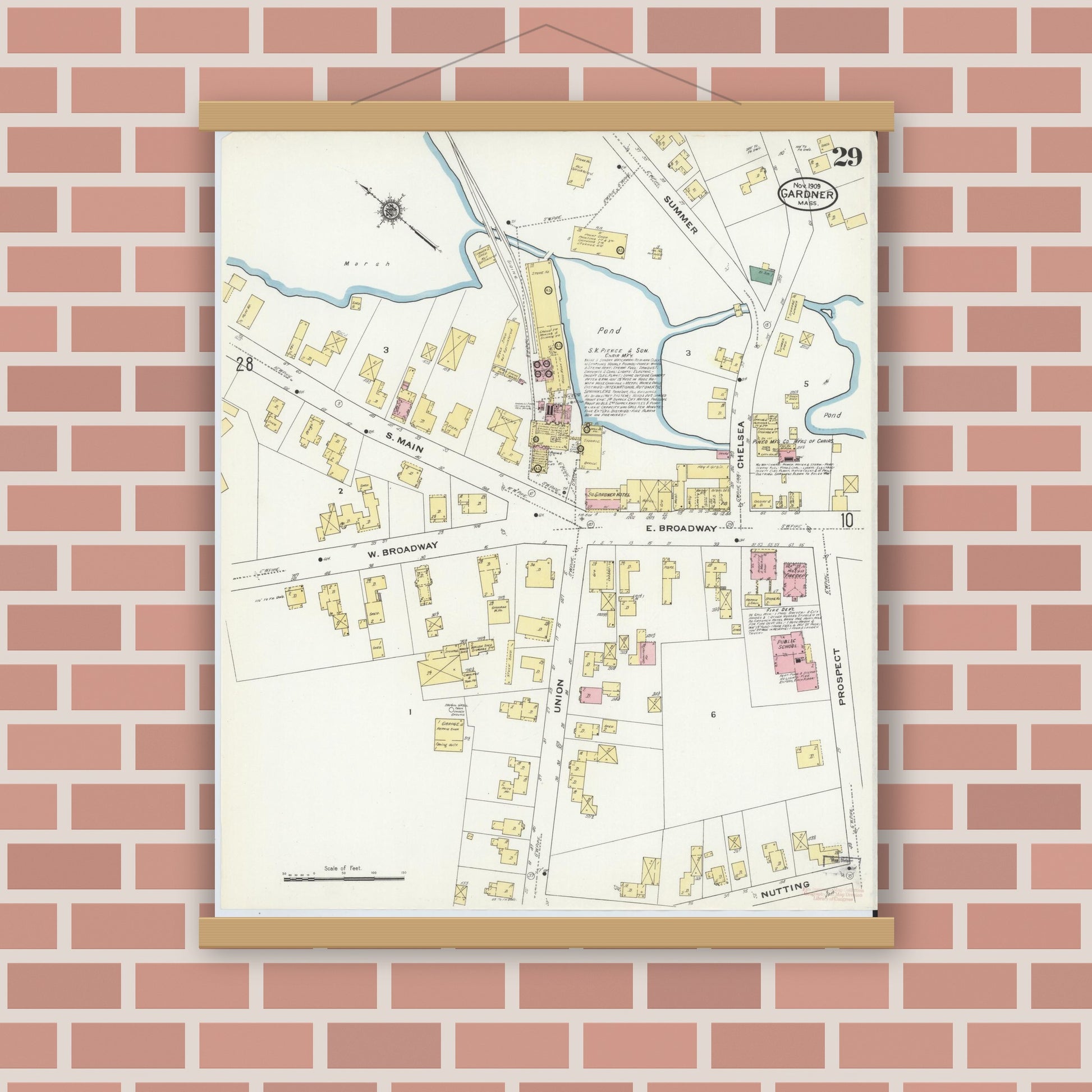 Old map wall art mockup — magnetic wood frame on brick wall — Sanborn Fire Insurance Map from Gardner, Worcester County, Massachusetts (1909), Sheet #0029