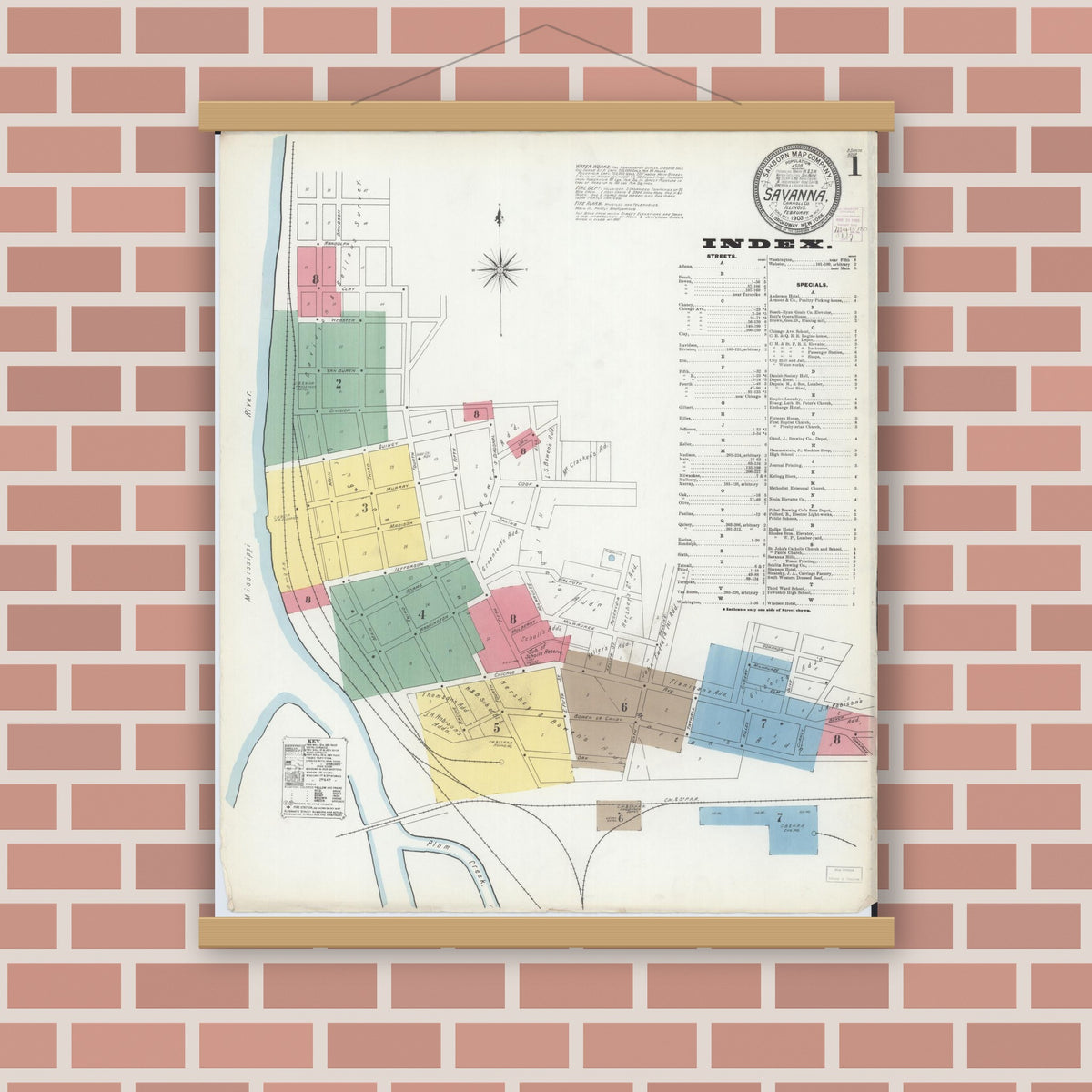 Old map wall art mockup — magnetic wood frame on brick wall — Sanborn Fire Insurance Map from Savanna, Carroll County, Illinois (1903) - Complete Map Set