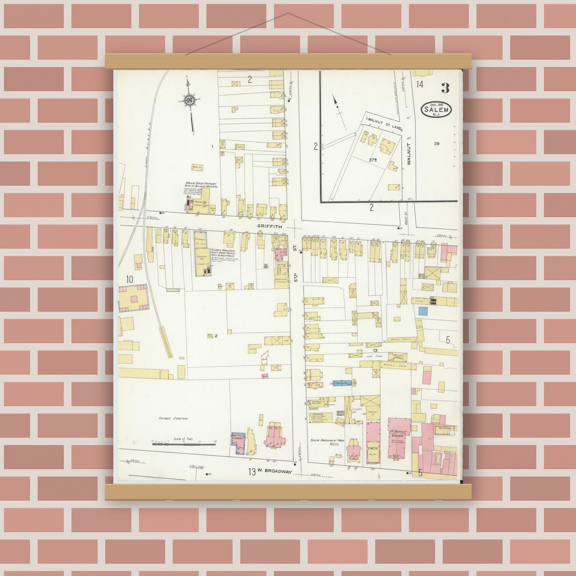 Old map wall art mockup — magnetic wood frame on brick wall — Sanborn Fire Insurance Map from Salem, Salem County, New Jersey (1915), Sheet #0003