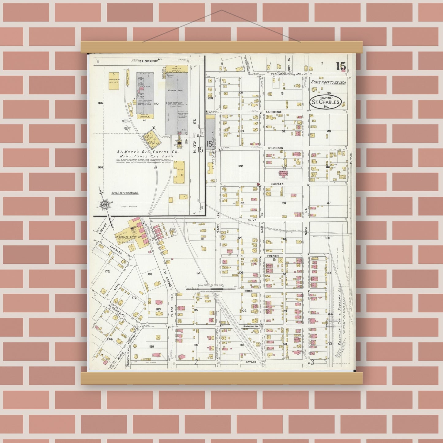 Old map wall art mockup — magnetic wood frame on brick wall — Sanborn Fire Insurance Map from Saint Charles, Saint Charles County, Missouri (1917), Sheet #0015