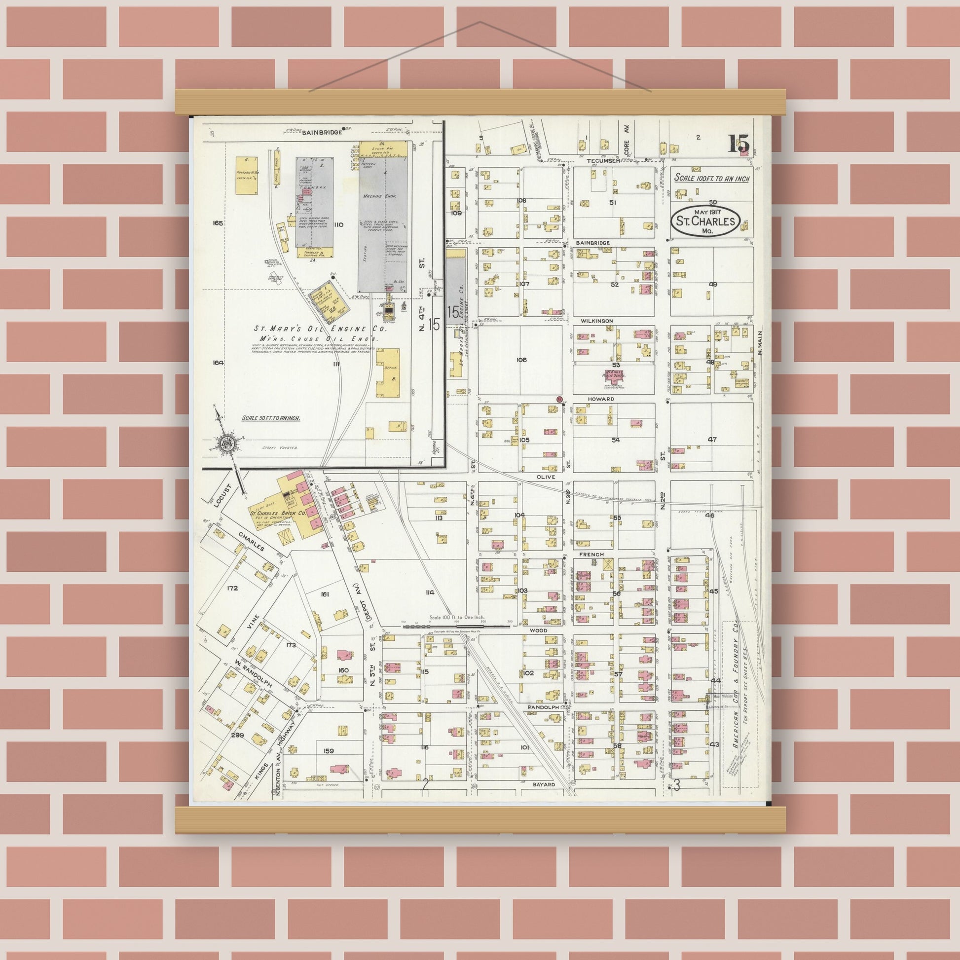Old map wall art mockup — magnetic wood frame on brick wall — Sanborn Fire Insurance Map from Saint Charles, Saint Charles County, Missouri (1917), Sheet #0015