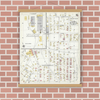 Old map wall art mockup — magnetic wood frame on brick wall — Sanborn Fire Insurance Map from Saint Charles, Saint Charles County, Missouri (1917), Sheet #0015