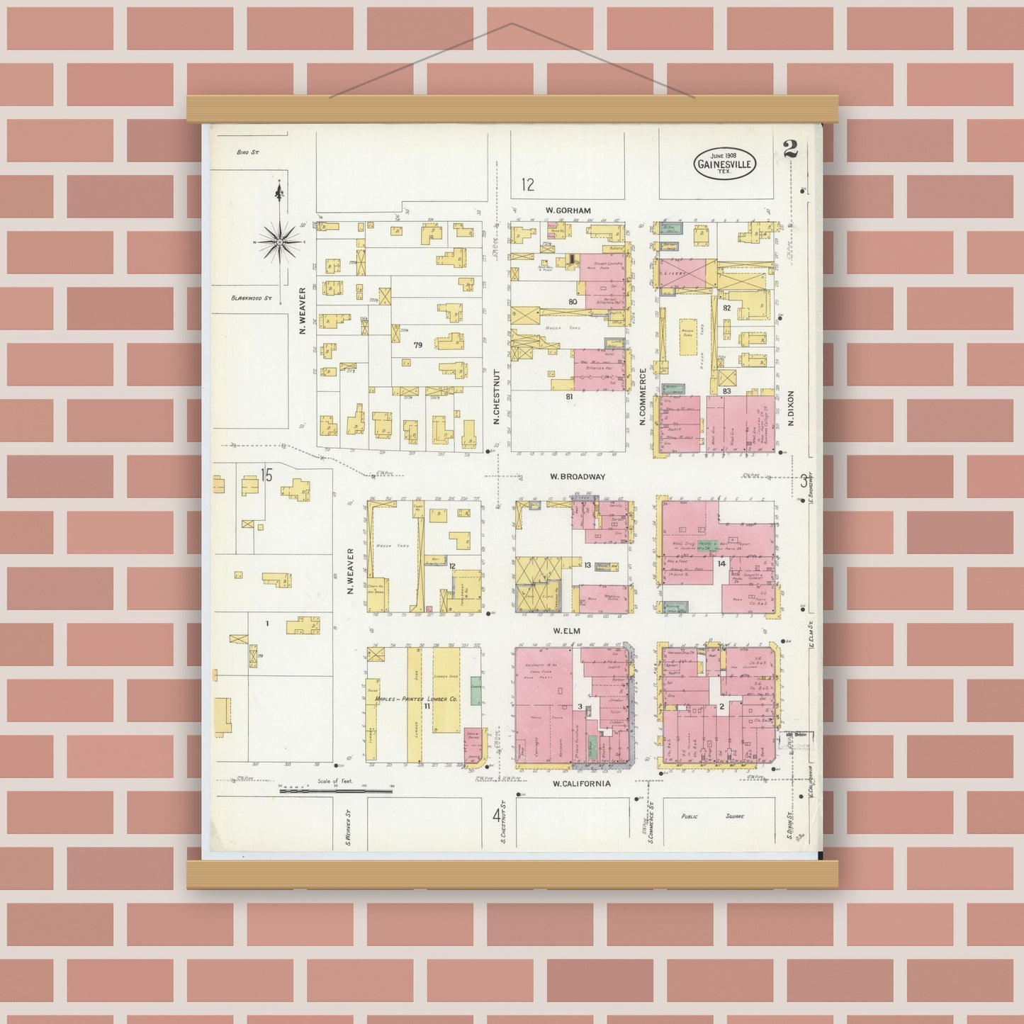 Old map wall art mockup — magnetic wood frame on brick wall — Sanborn Fire Insurance Map from Gainesville, Cooke County, Texas (1908), Sheet #0002